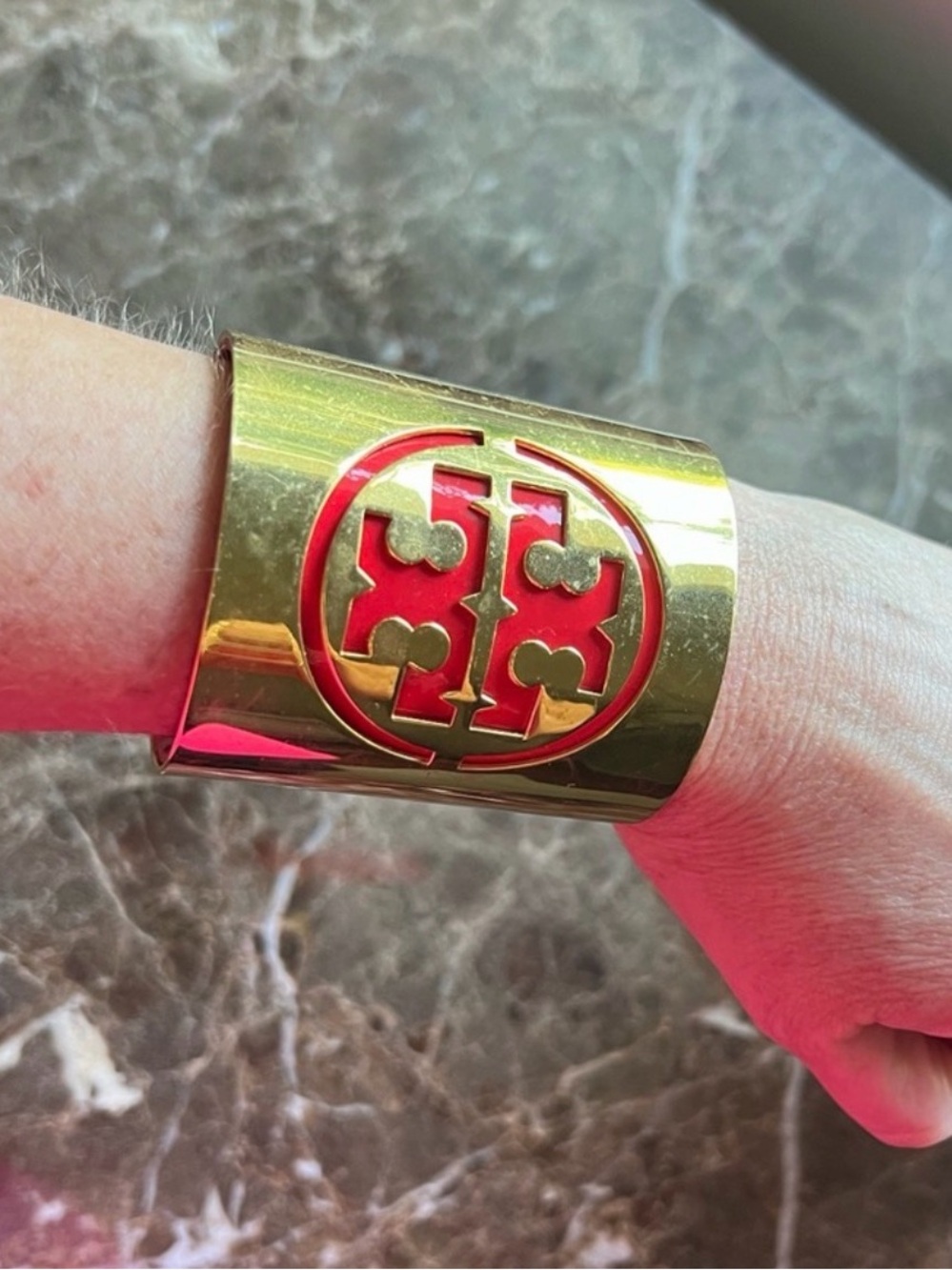 Tory Burch Gold Cuff with Red Logo Accent